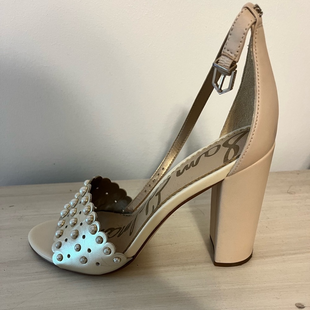 Cream Sam Edelman chunky heel sandal with pearl detail and ankle strap